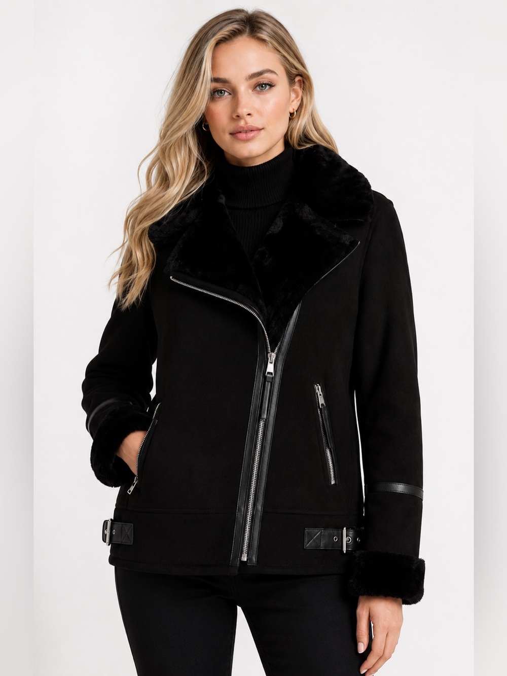 New Lauren Ralph Lauren Faux Shearling Moto Jacket – Black – Size Small